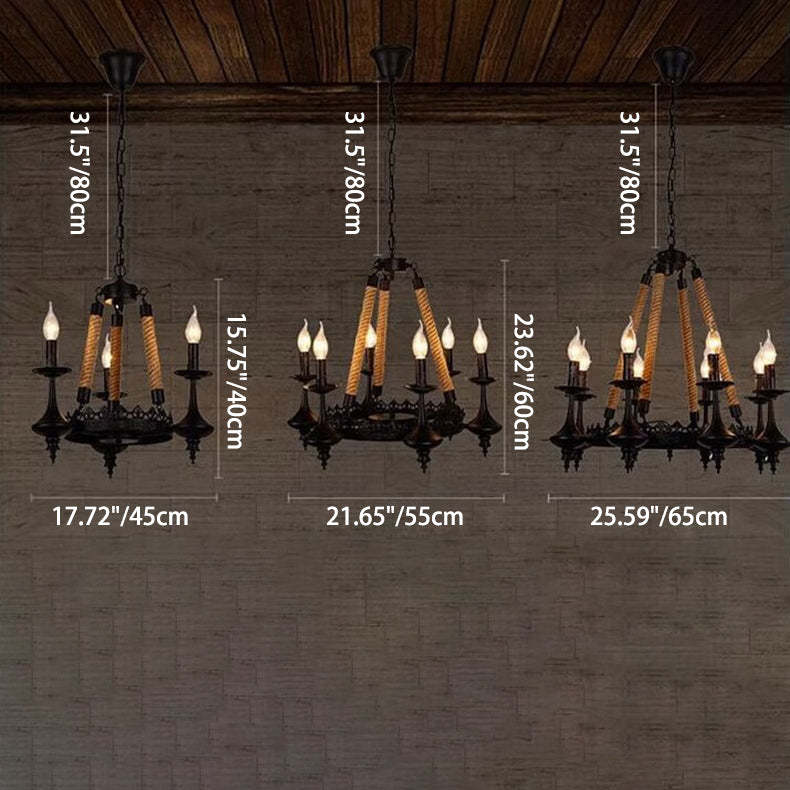 Vintage Candelabra Iron Hemp Rope Chandelier