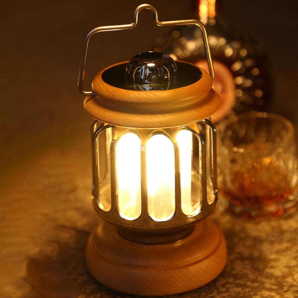 Vintage Teapot Wood Base LED Rechargeable Camping Light