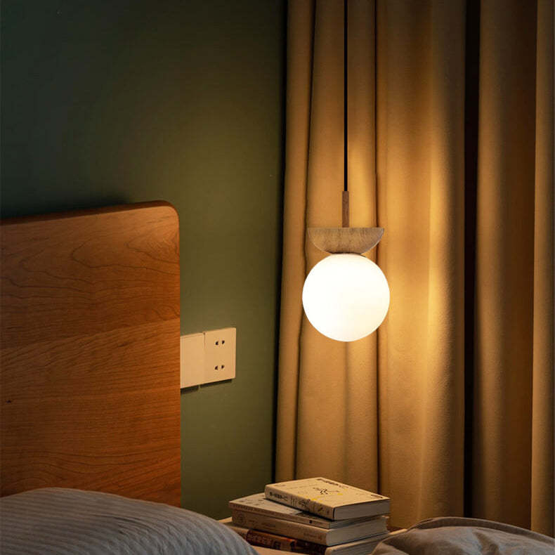 Nordic Japanese Glass Orb Wood Iron Ceiling Light