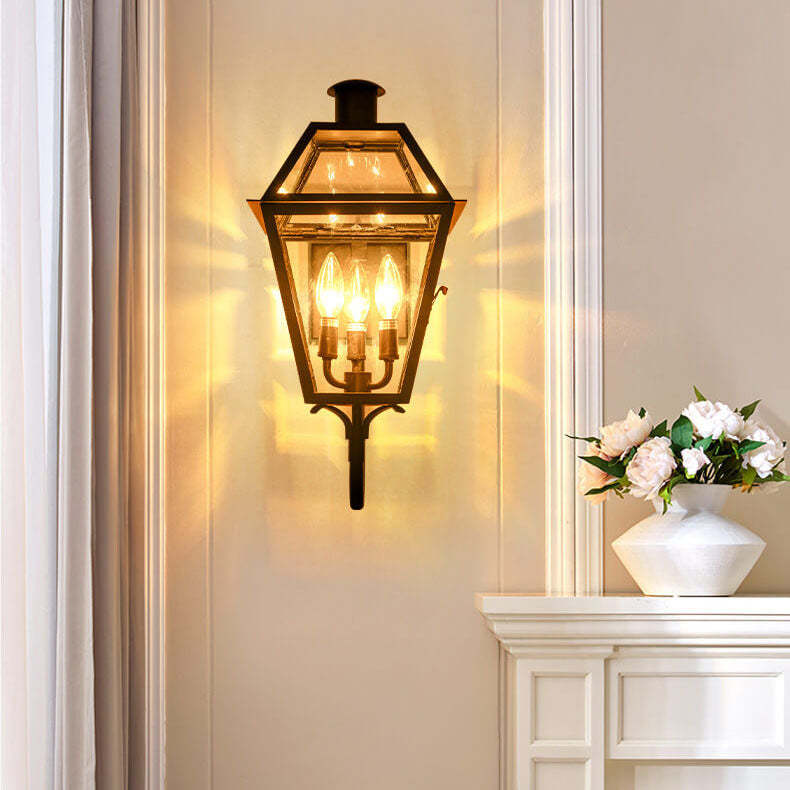 Industrial Glass Lantern Iron 3-Light Outdoor Wall Sconce