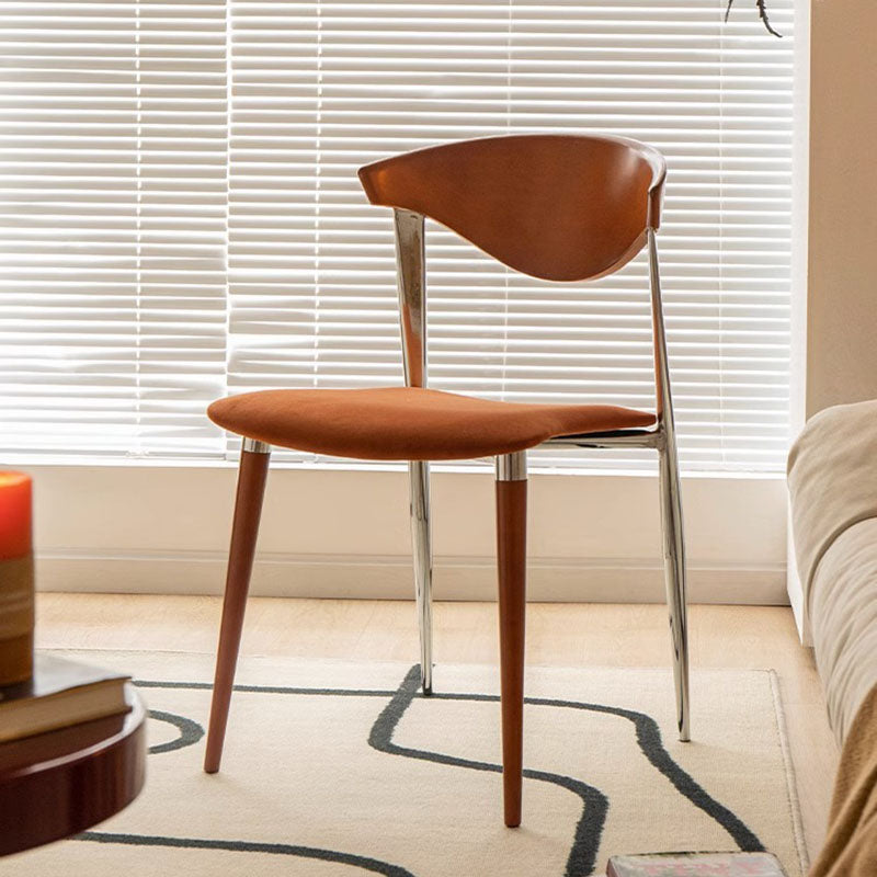 Retro Beech Iron Velvet Curved Dining Chair — Wood Color / Orange