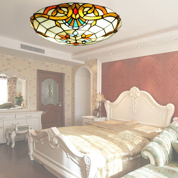 European Tiffany Baroque Round Stained Glass Flush Light