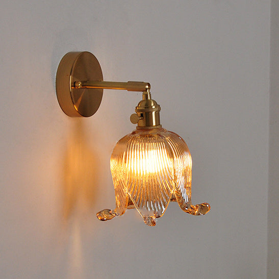 Vintage Japanese Brass Glass Bellflower Sconce — Amber / 110V-120V For US/CA