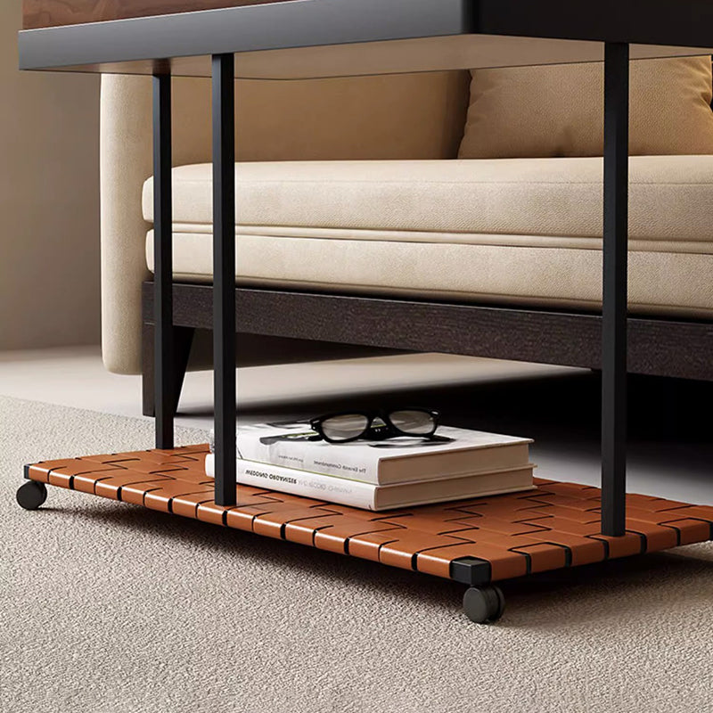 Minimalist Iron Leather Wood Rectangular End Table 1-Storage