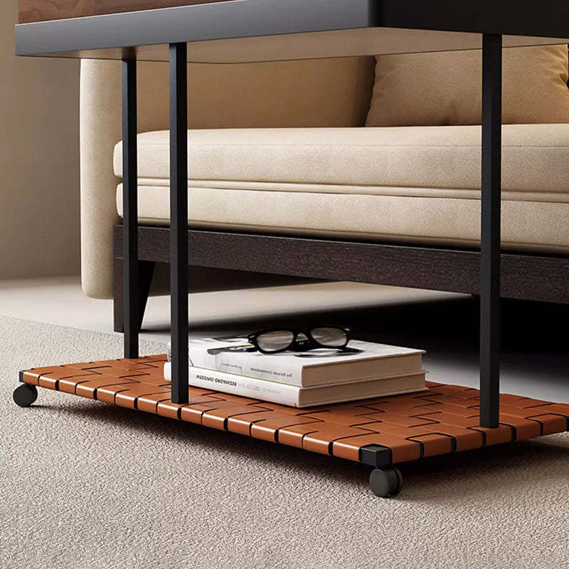 Minimalist Iron Leather Wood Rectangular End Table 1-Storage