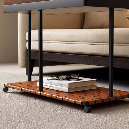 Minimalist Iron Leather Wood Rectangular End Table 1-Storage