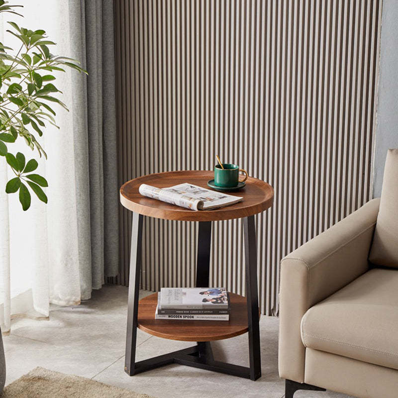 Scandinavian Round Wood Iron 2-Tier End Table — Black