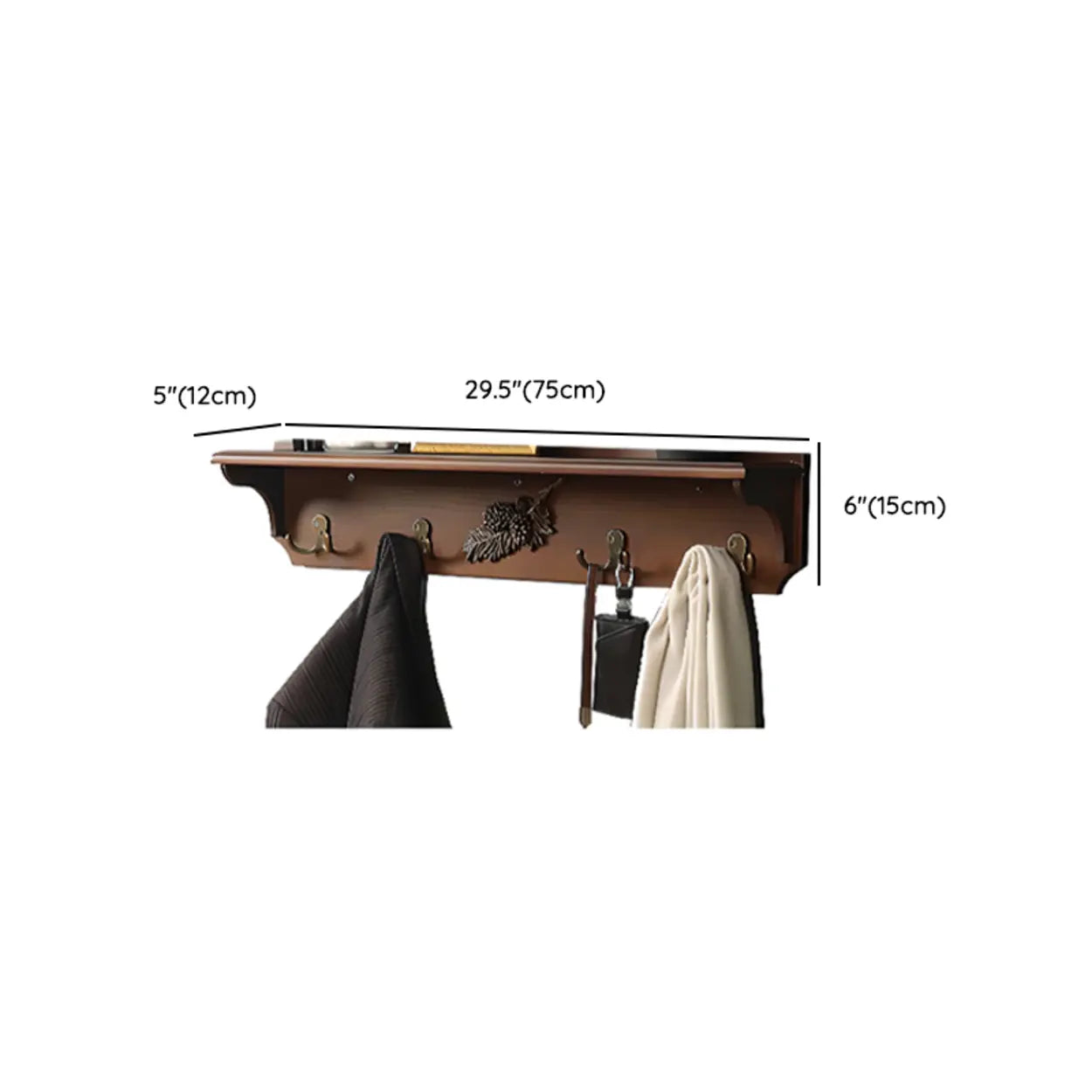Brown Wood Wall-Mounted Shelf Coat Rack