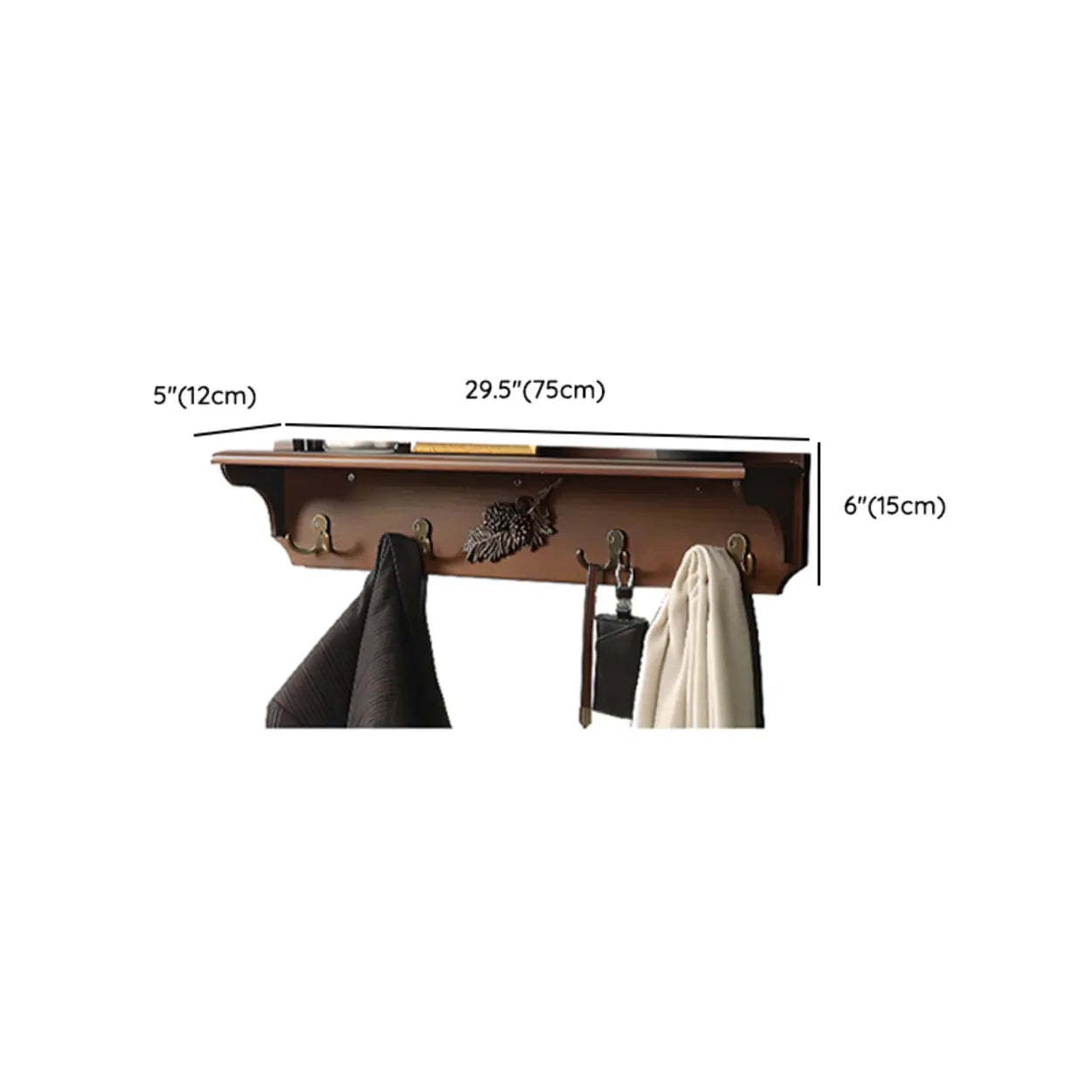 Brown Wood Wall-Mounted Shelf Coat Rack