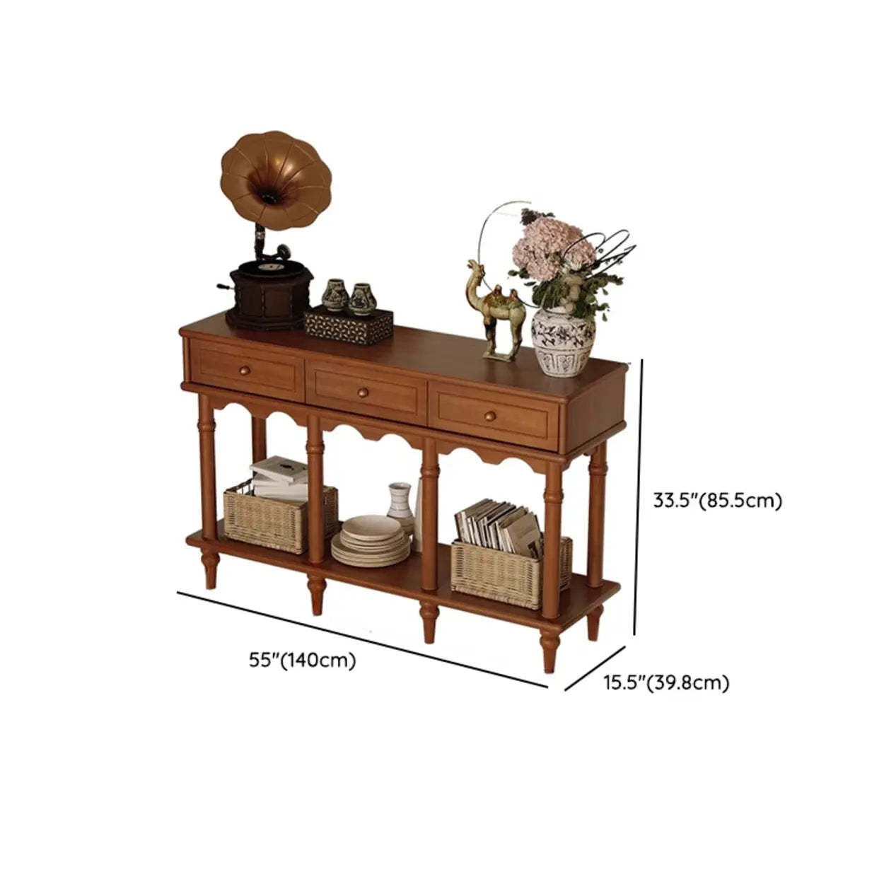 Soft-Close Wood Rectangular Brown Console Table