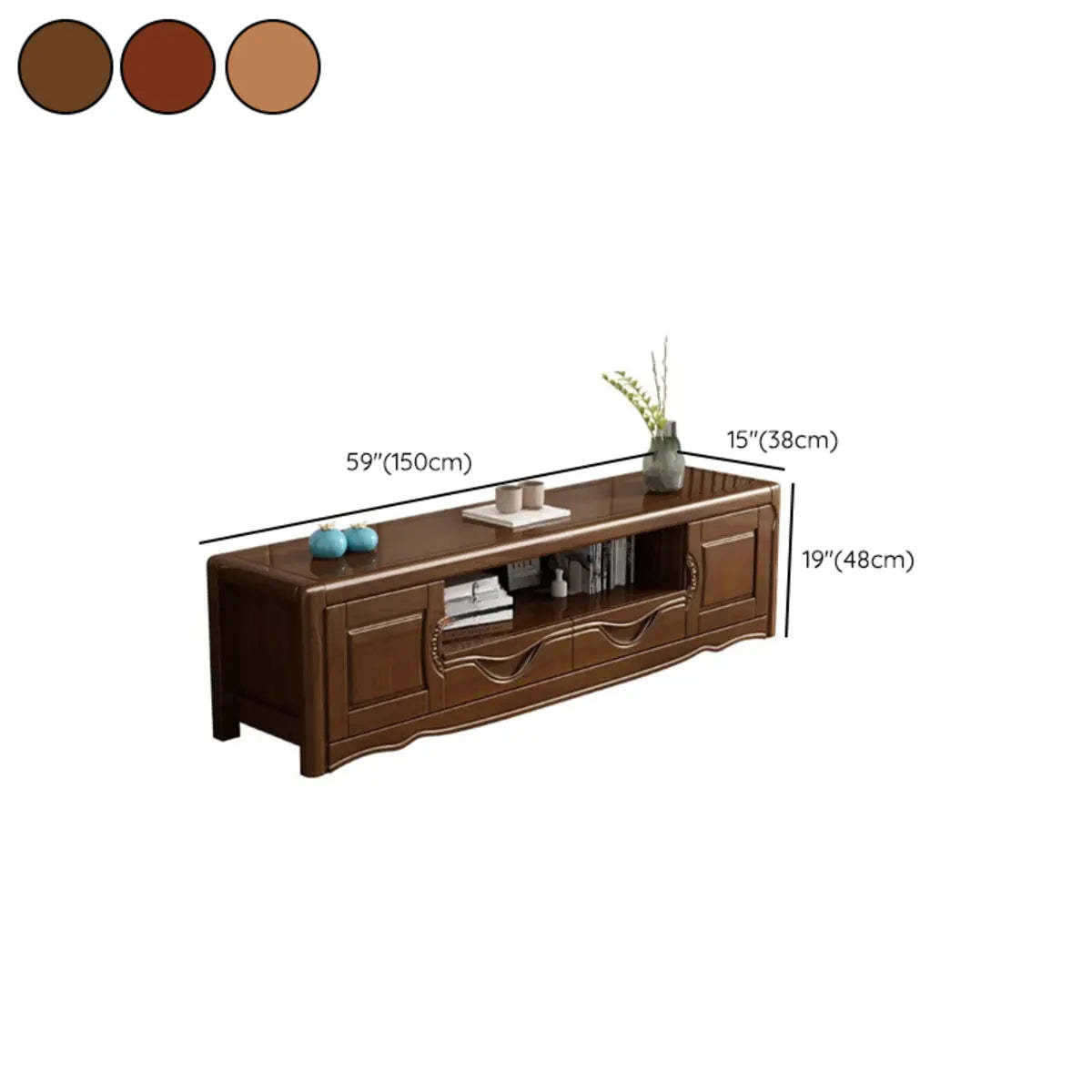 Nut-Brown Wood TV Stand with Cabinet and Shelves