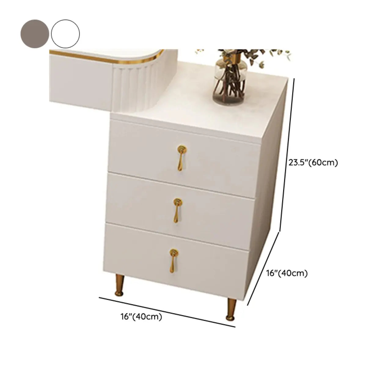 White Stone Wood Makeup Vanity with Drawers and Mirror #size