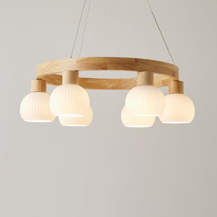 Modern Japanese Log Ring Textured Glass Globe Chandelier
