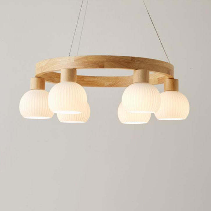 Modern Japanese Log Ring Textured Glass Globe Chandelier