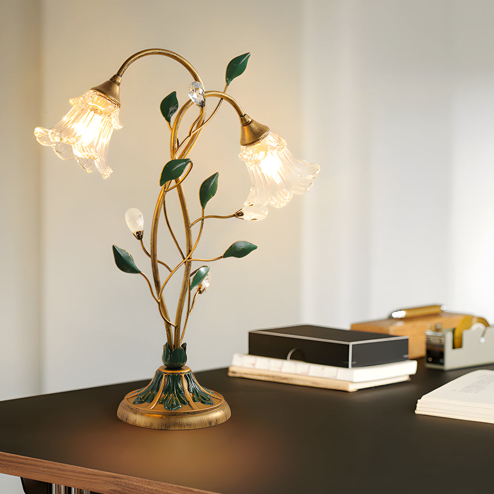Dimmable Glass Floral Desk Lamp with Dual Lights and Leaf Accents for Ambiance-Lighom