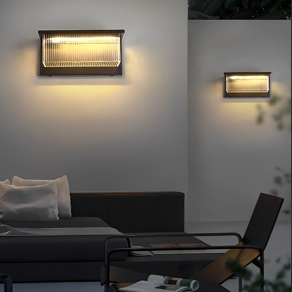 Modern rectangular striped outdoor wall lighting in acrylic — 15.7" W x 6.7" D x 7.5" H / Solar