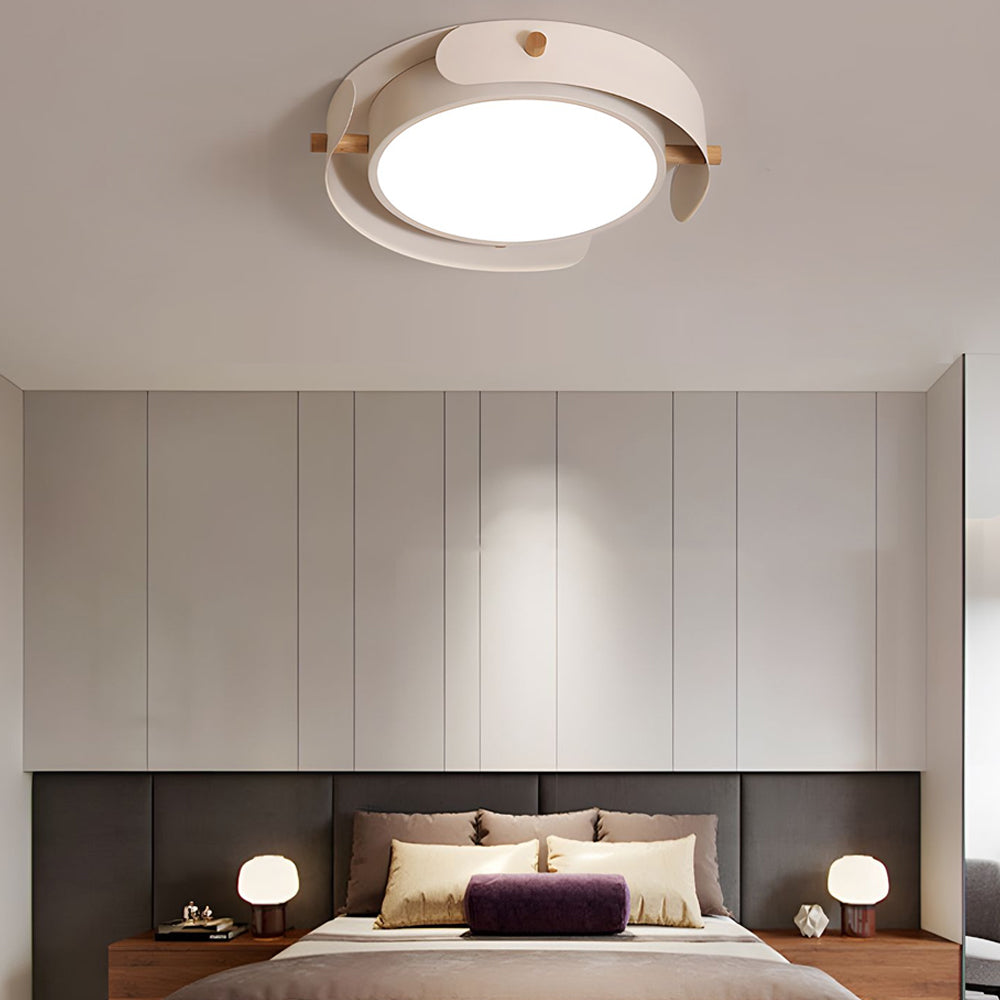 Round Nordic White Metallic Wood Drum Flush Mount Light