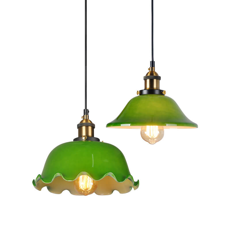 Vintage Green Glass Dome Pendant Light