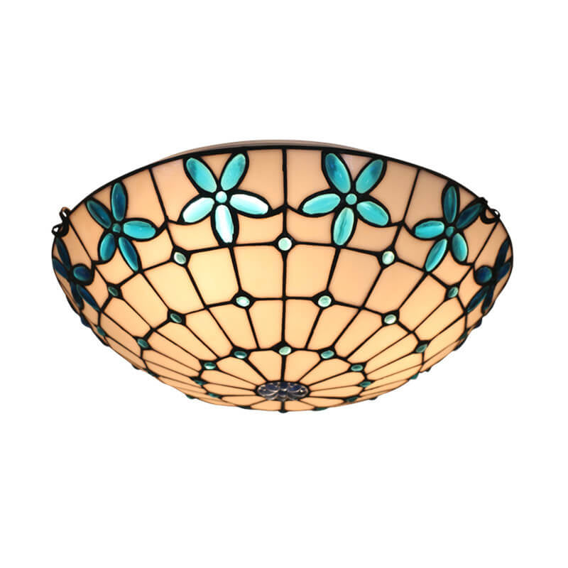 Tiffany Stained Glass Lilac Flower Bowl Flush Ceiling Light