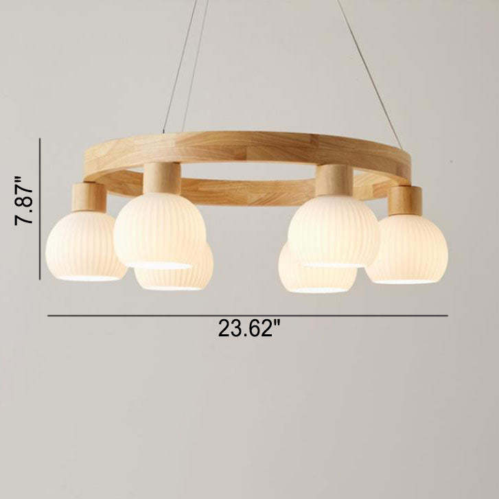 Modern Japanese Log Ring Textured Glass Globe Chandelier