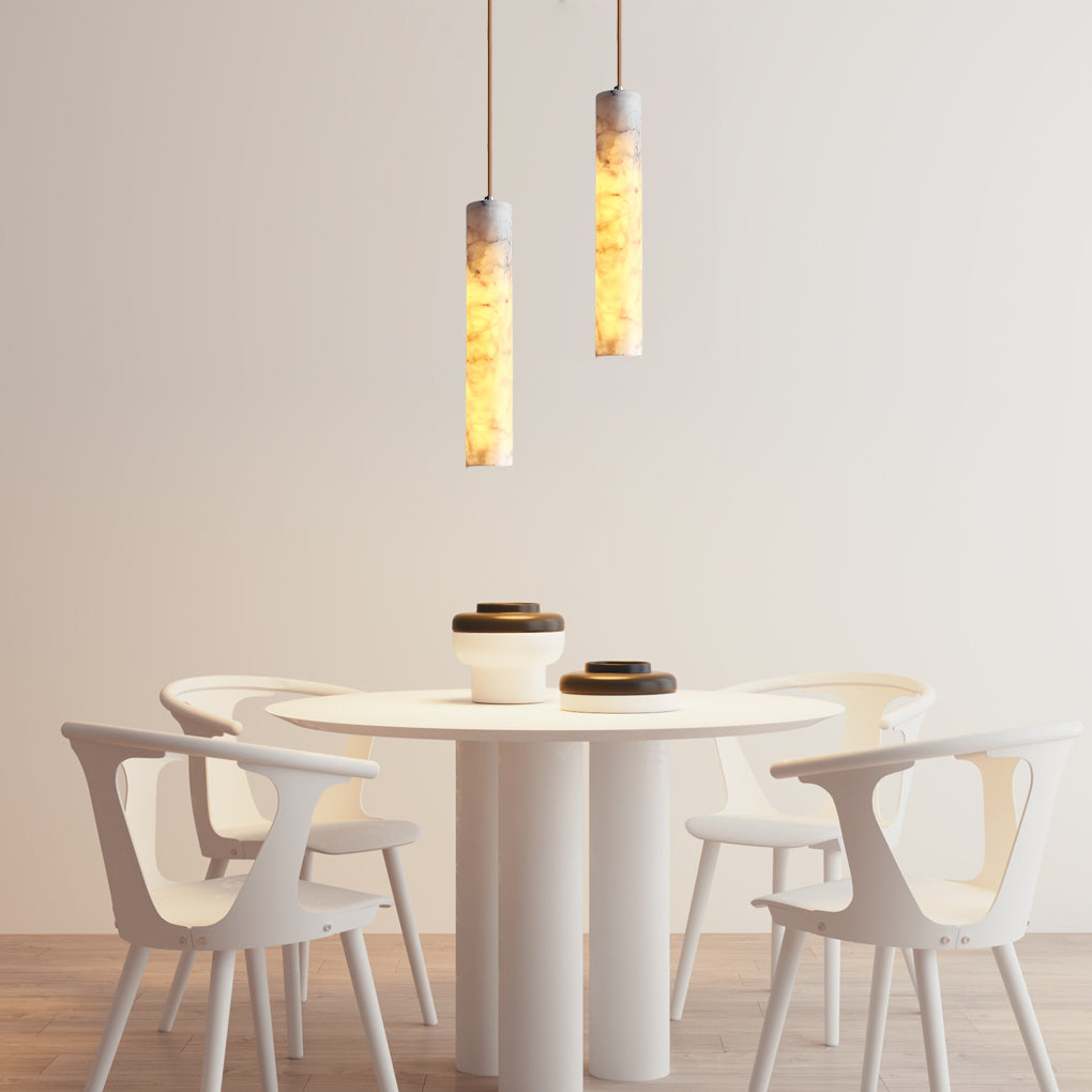 Modern elongated cylindrical gray marble pendant lighting, Lighom — 14" H x 2" Dia