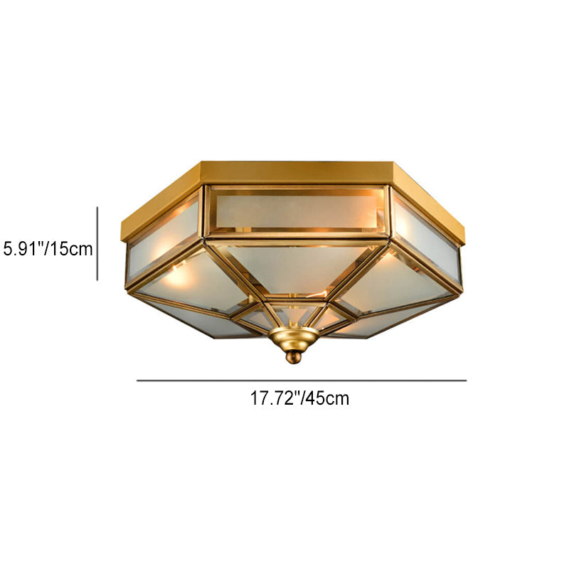 European Polygonal Copper Glass Flush Ceiling Light