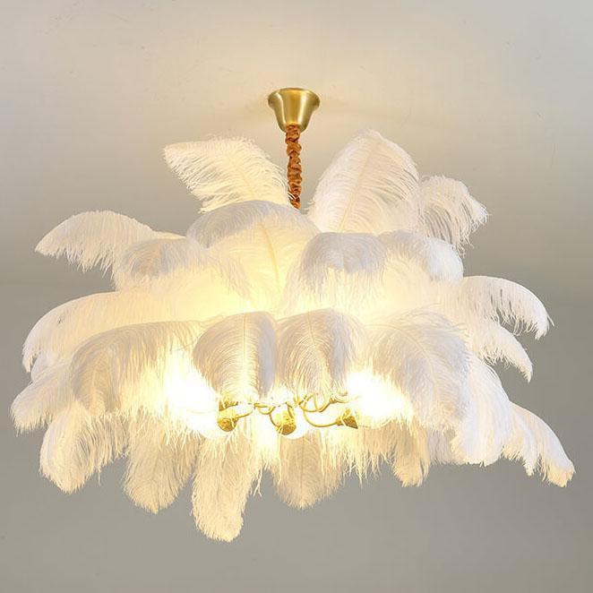 Modern Ostrich Feather Brass Chandelier — Purple / 110V-120V For US/CA