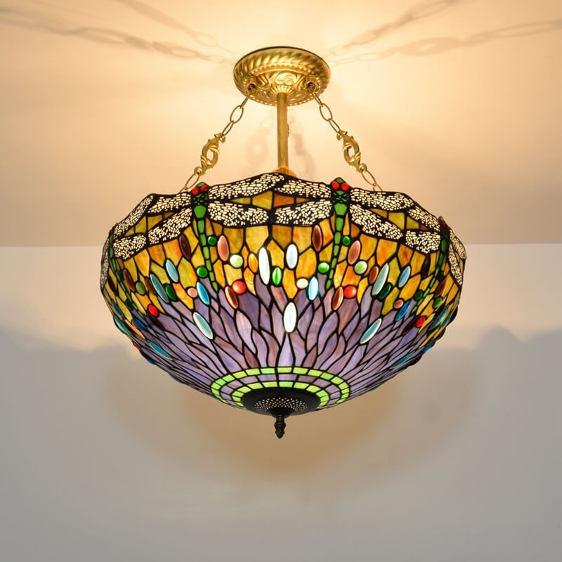 Vintage Tiffany Dragonfly Stained Glass Chandelier