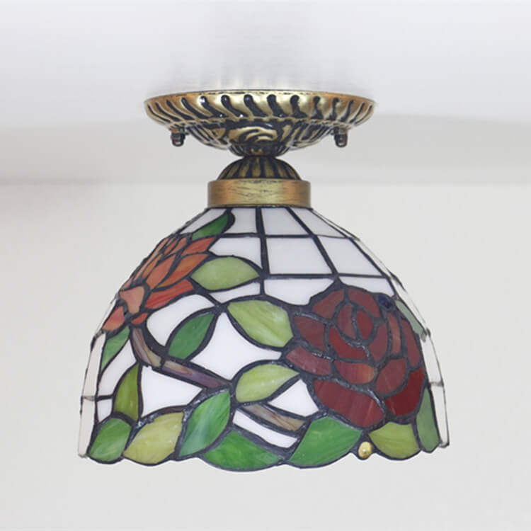 Vintage Tiffany Red Rose Glass Ceiling Light