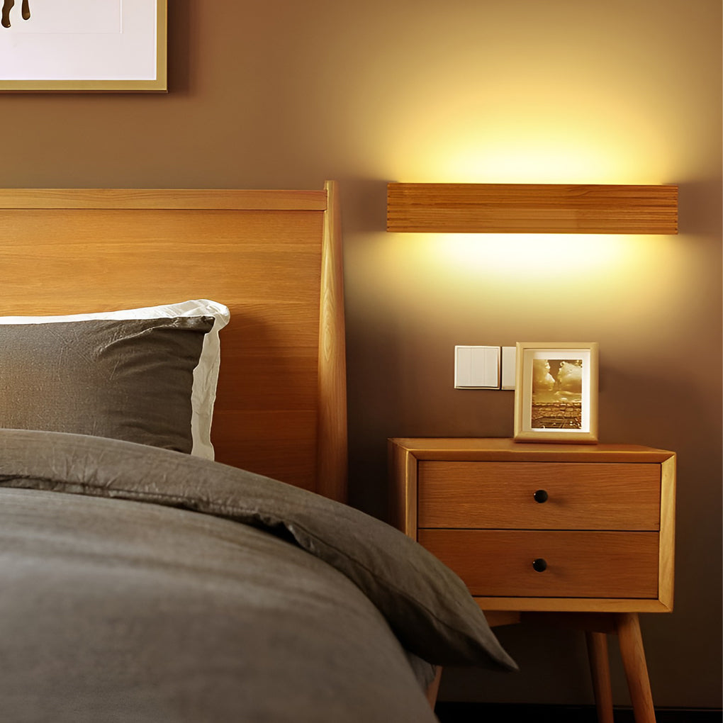 Rustic rectangular mirror brown wood led wall lights, Lighom — 14" L / Cool White (6000K)