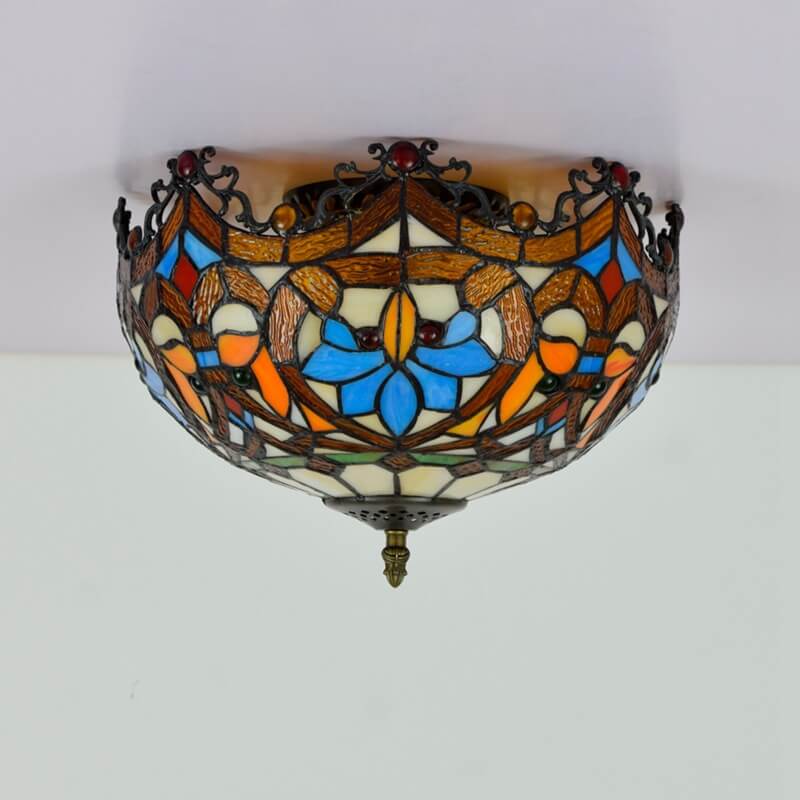 Vintage Tiffany Stained Glass Bowl Flush Ceiling Light