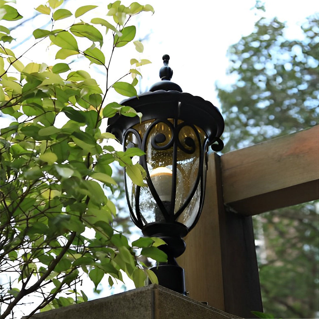 Round Bubble Glass Waterproof Black European Style Outdoor Pillar Lamp-Lighom