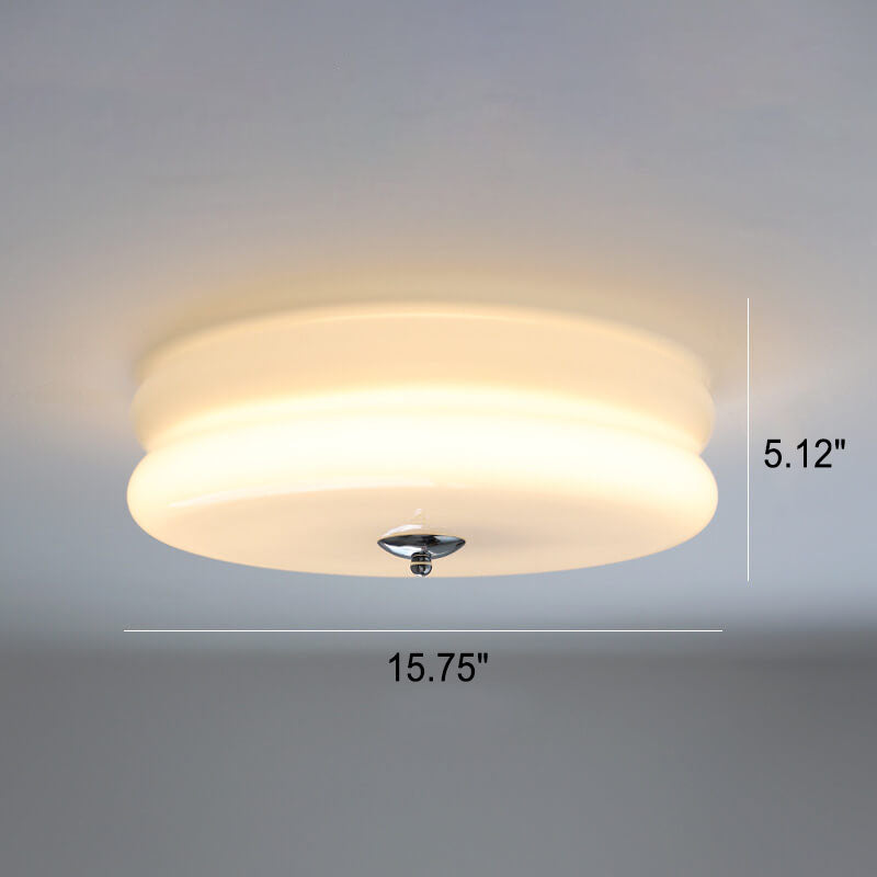 French Minimalist Cream Glass Round LED Flush Mount Light