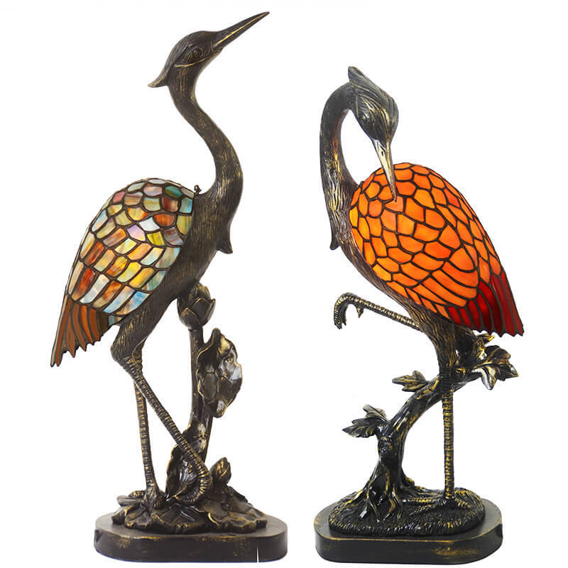 Vintage Tiffany Crane Stained Glass Table Lamp