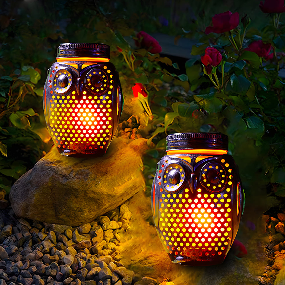 Flickering Flame Metallic Owl Solar Stake Light