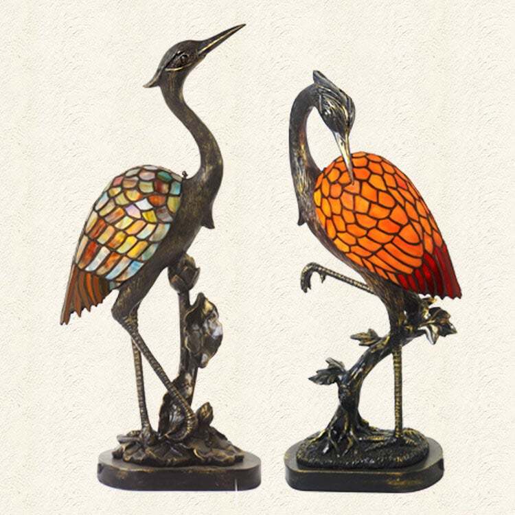 Vintage Tiffany Crane Stained Glass Table Lamp