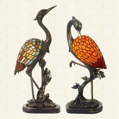 Vintage Tiffany Crane Stained Glass Table Lamp