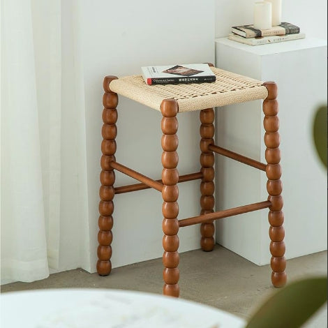 Vintage Woven Gourd Wooden Bar Stool — Black