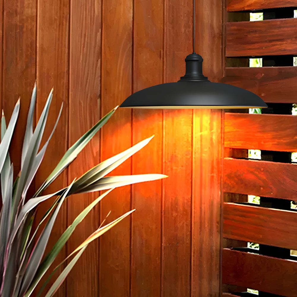 Round Black Hanging Outdoor Pendant Light - Metal Saucer-Shaped-Lighom