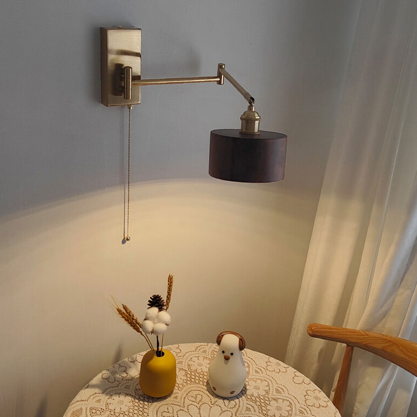 Nordic Vintage Wooden Metal Pull Cord Rotatable Wall Sconce