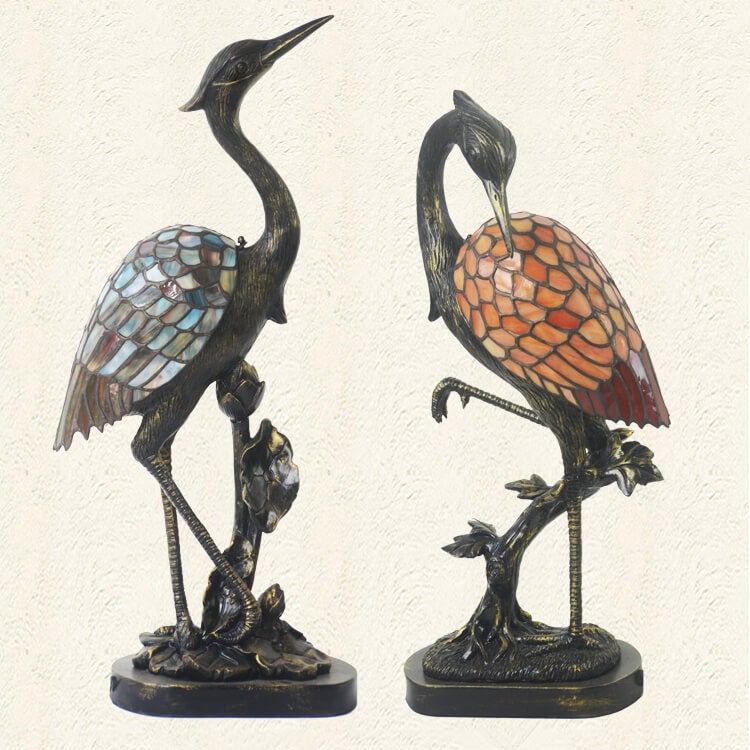 Vintage Tiffany Crane Stained Glass Table Lamp