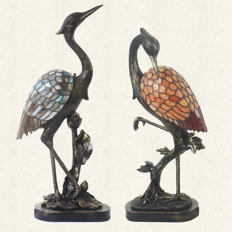 Vintage Tiffany Crane Stained Glass Table Lamp