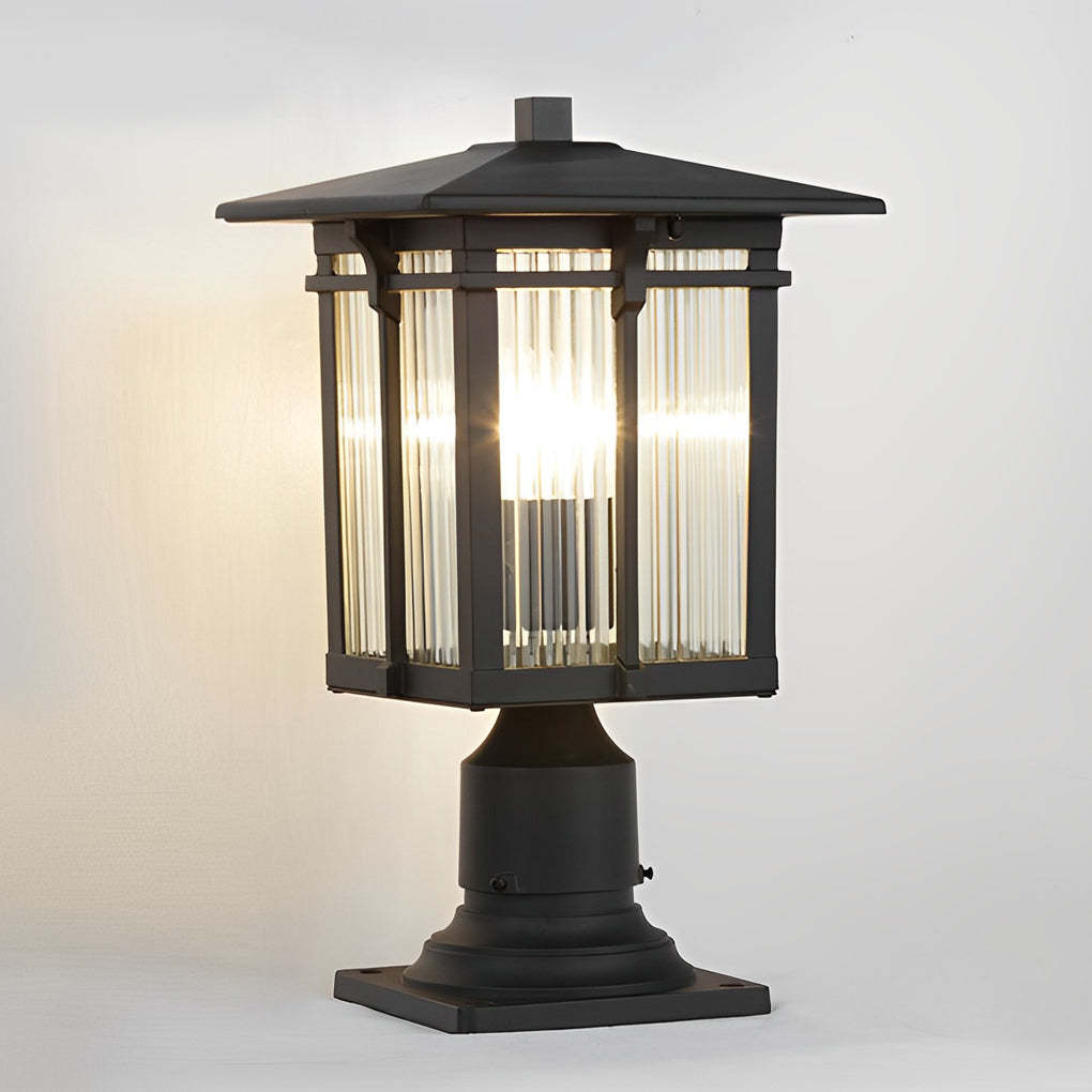 Striped Glass Shade LED Waterproof Black Modern Outdoor Post Lights-Lighom