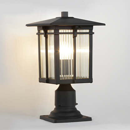 Striped Glass Shade LED Waterproof Black Modern Outdoor Post Lights-Lighom