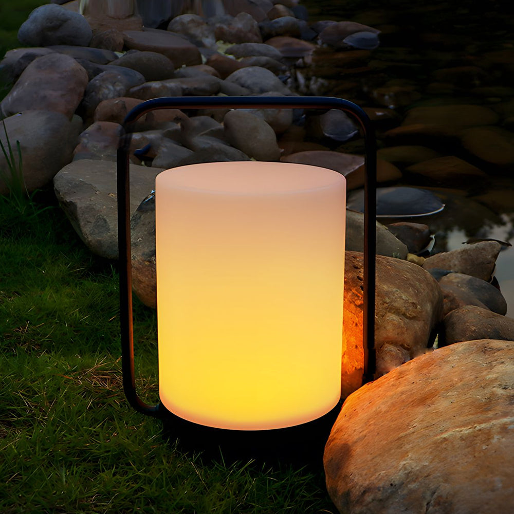 Modern Black Portable Outdoor Table Lamp With White Cylinder Shade, USB, IP65-Lighom