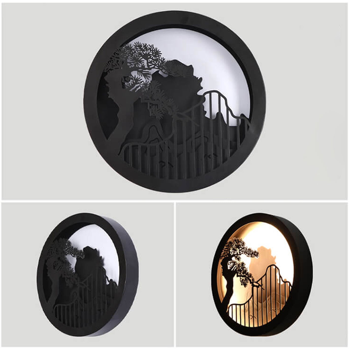 Chinese Landscape Pine Zen Round LED Outdoor Wall Sconce