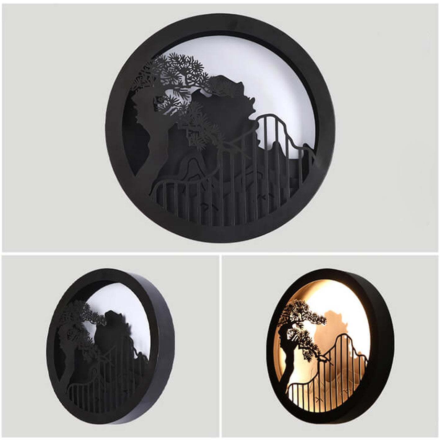 Chinese Landscape Pine Zen Round LED Outdoor Wall Sconce