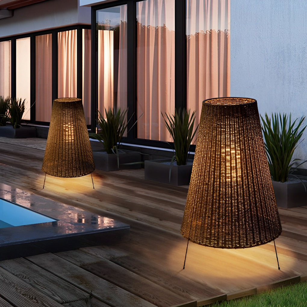 Rattan Shaded Tripod Metal and 1-Light Outdoor Floor Lamp-Lighom