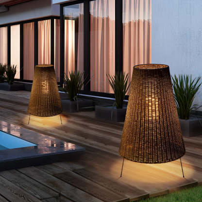 Rattan Shaded Tripod Metal and 1-Light Outdoor Floor Lamp-Lighom