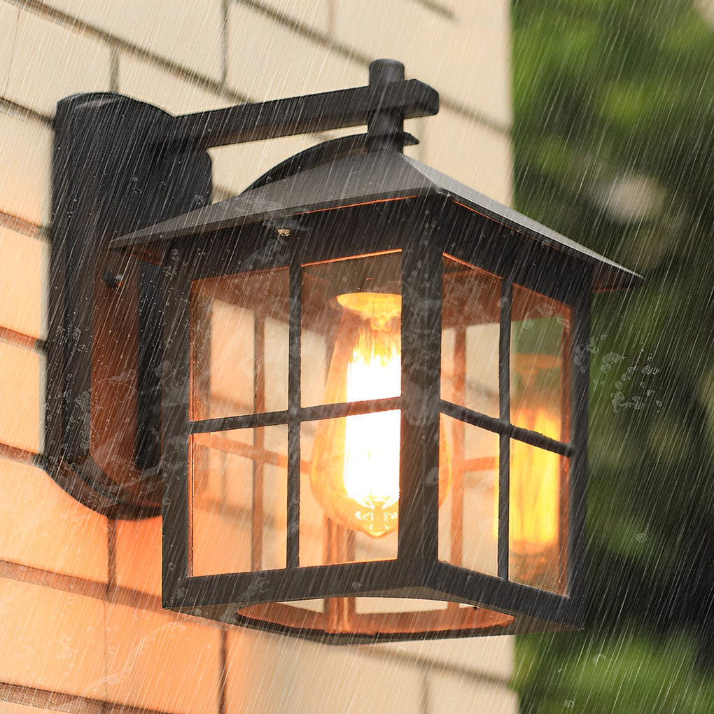 Antique Lantern Shaped Glass Waterproof Black Modern Wall Sconce Lighting-Lighom